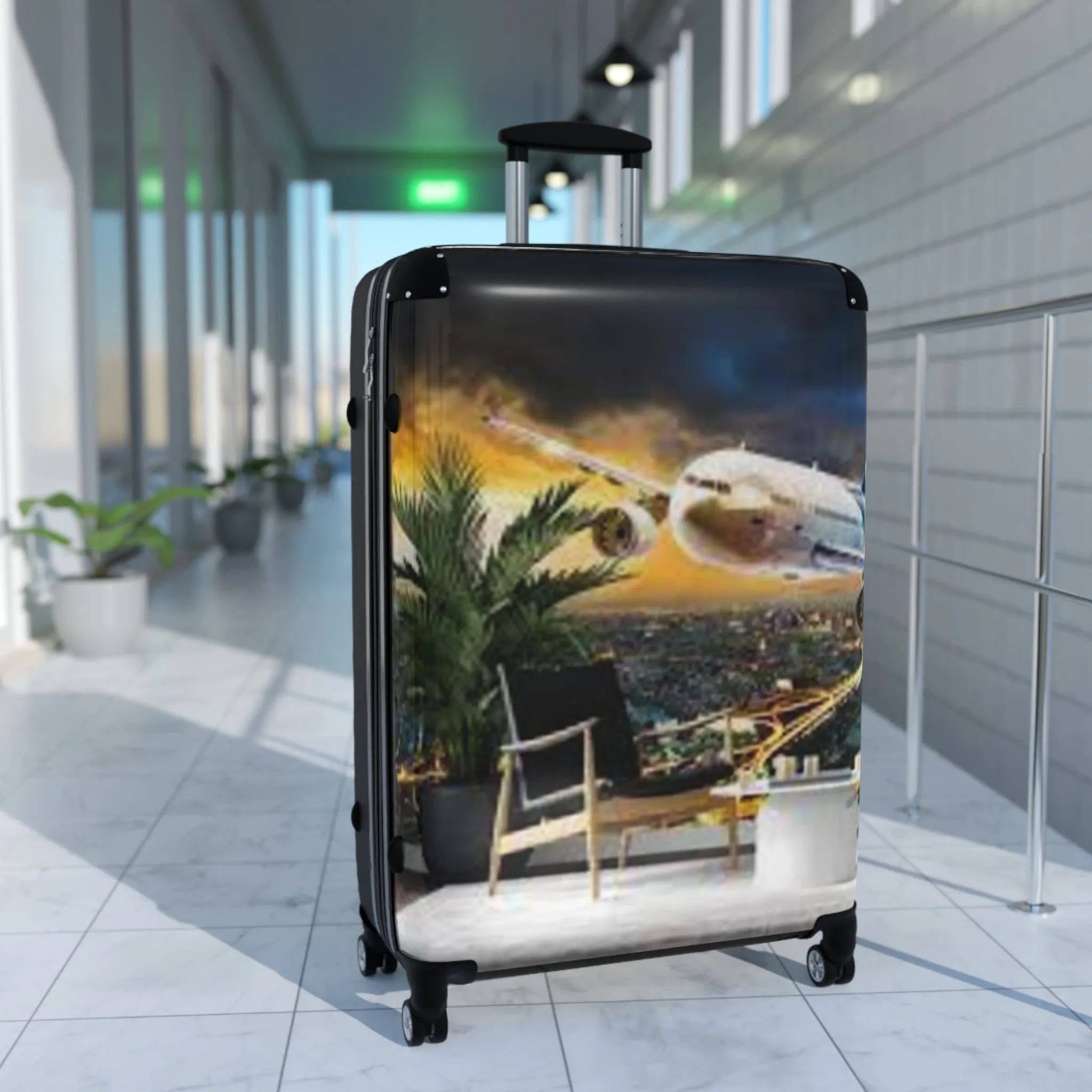 Stylish Travel Suitcase with Airplane and Tropical Design