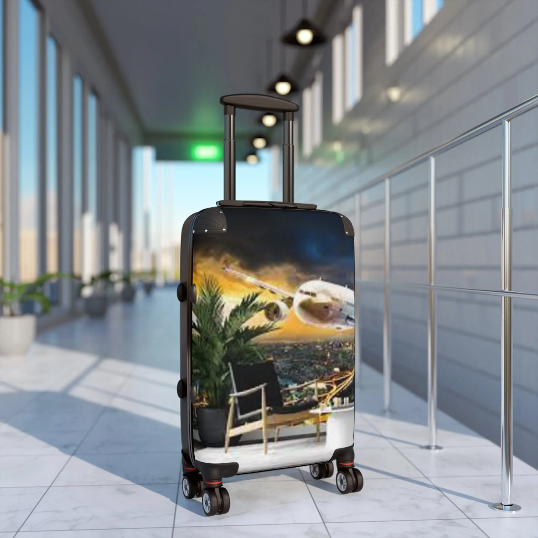 Stylish Travel Suitcase with Airplane and Tropical Design