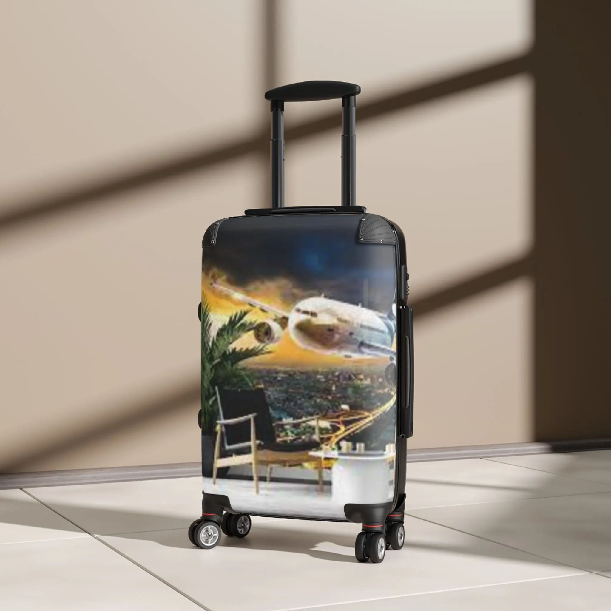 Stylish Travel Suitcase with Airplane and Tropical Design