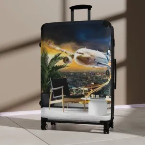 Stylish Travel Suitcase with Airplane and Tropical Design