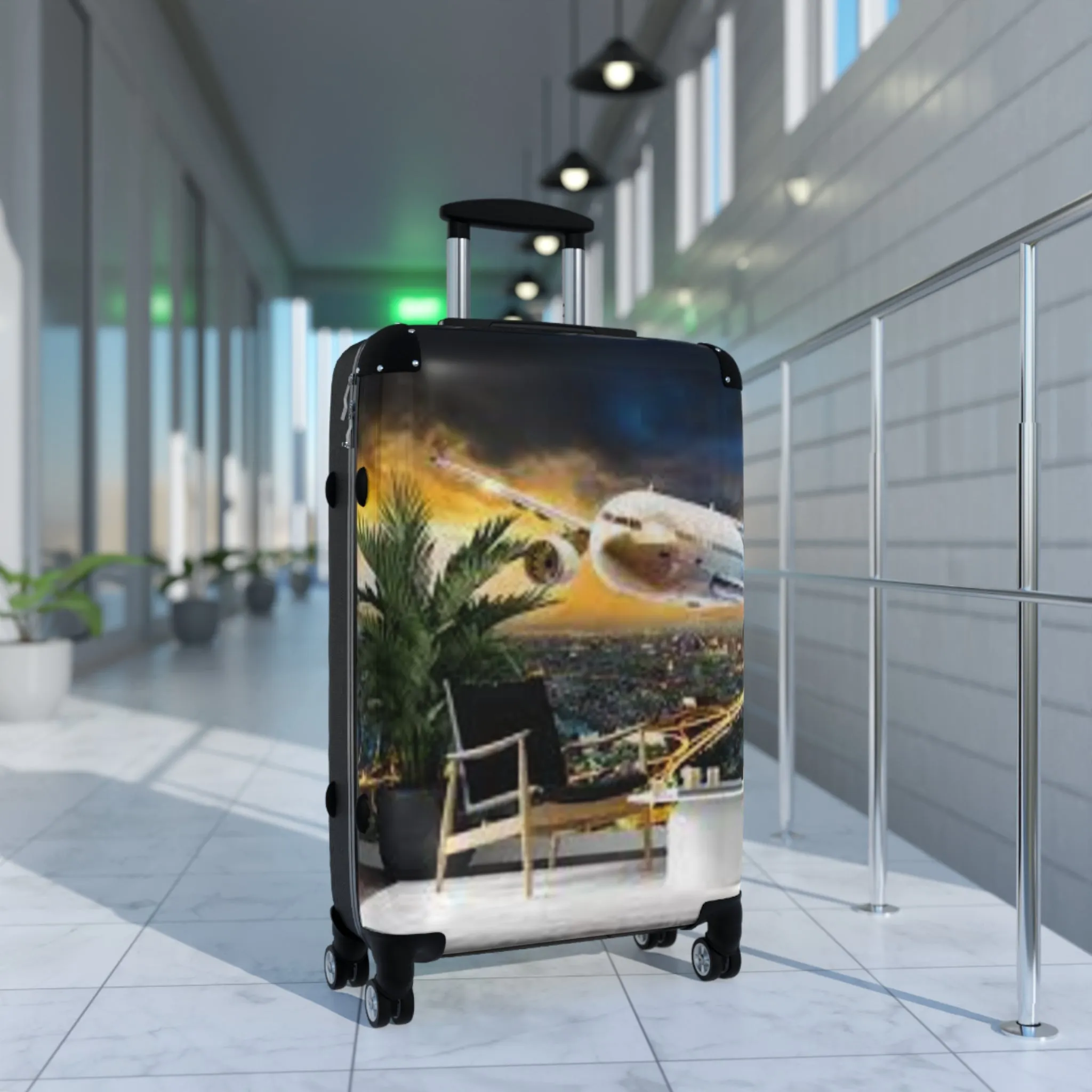 Stylish Travel Suitcase with Airplane and Tropical Design