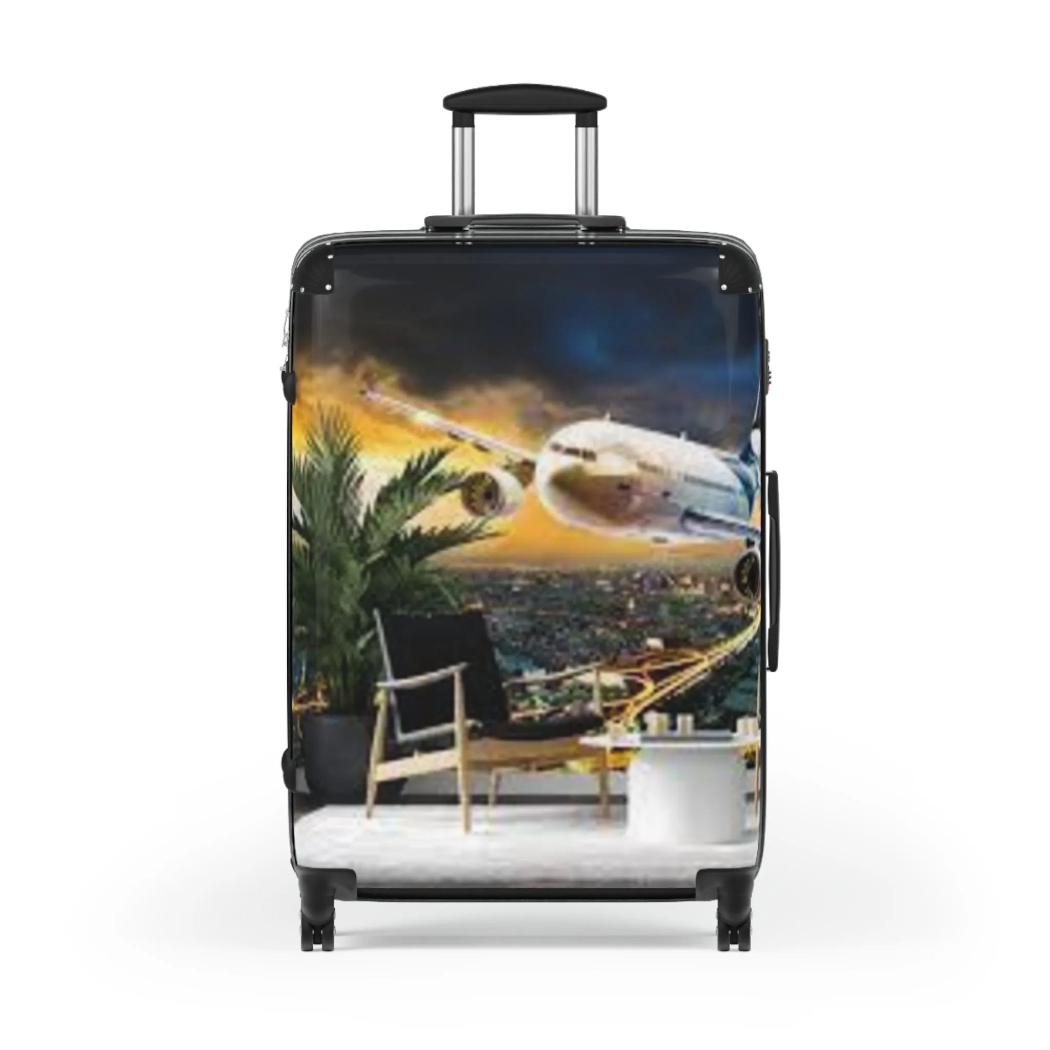 Stylish Travel Suitcase with Airplane and Tropical Design