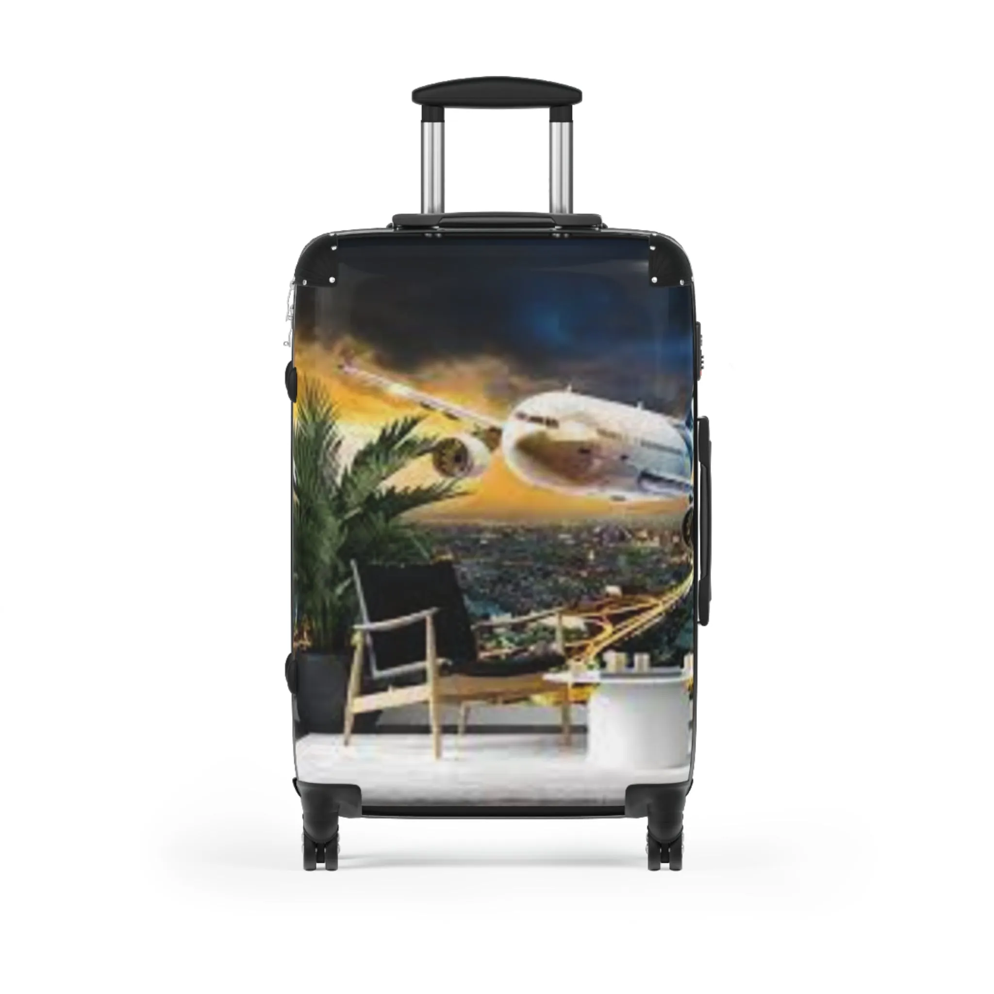 Stylish Travel Suitcase with Airplane and Tropical Design