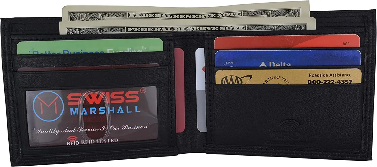 Swiss Marshall Men's Slim Bifold RFID Blocking Premium Genuine Leather Credit Card ID Wallet