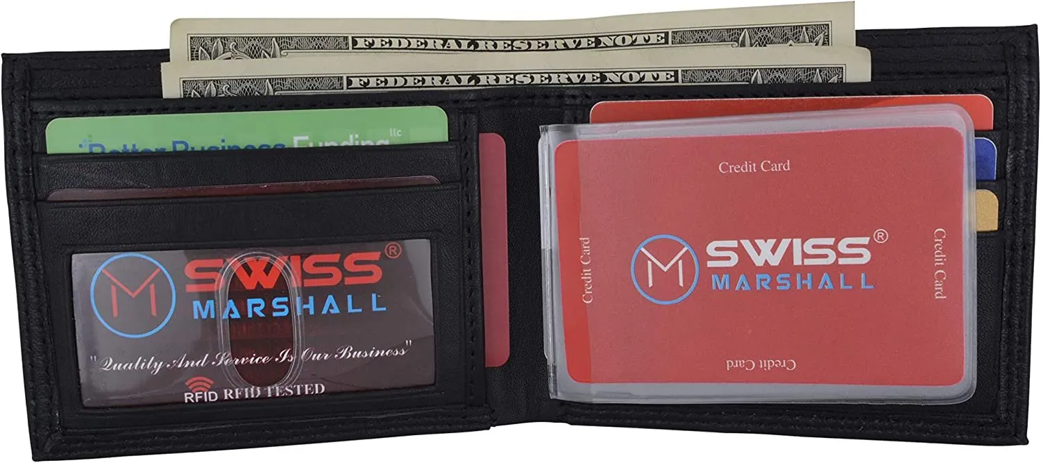 Swiss Marshall Men's Slim Bifold RFID Blocking Premium Genuine Leather Credit Card ID Wallet