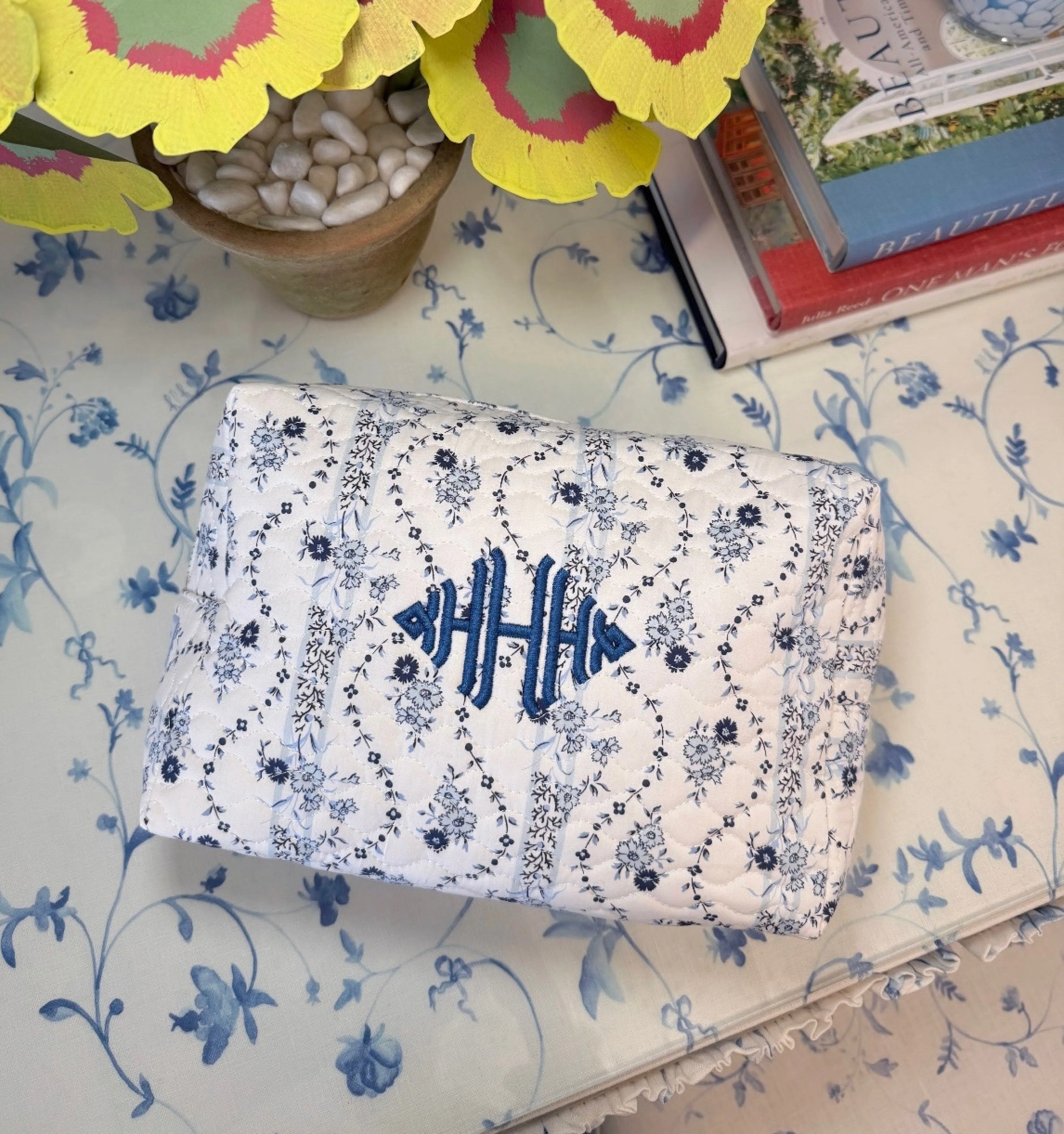 The Quilted Cosmetic Bag - Blue Vine Stripe