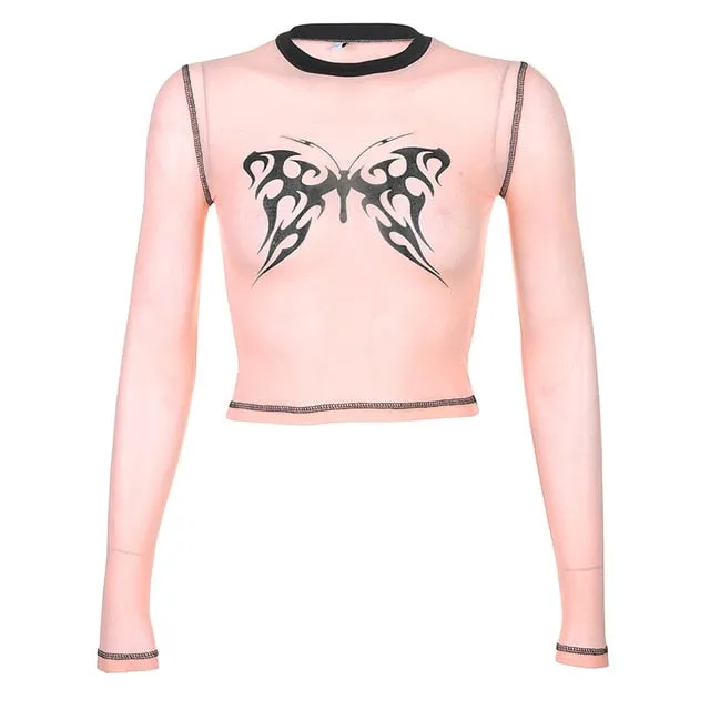 Transparent Sexy Mesh Cute Butterfly Printed Party Clubwear Long Sleeve