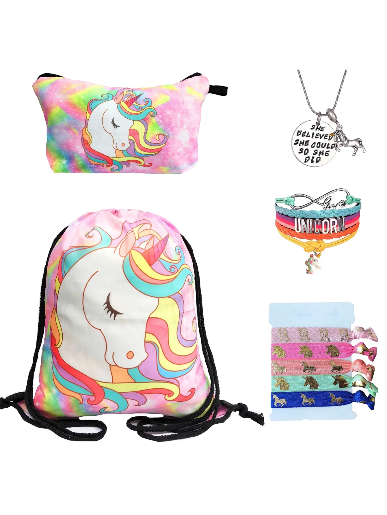 Unicorn Gifts for Girls - Unicorn Drawstring Backpack/Makeup Bag/Bracelet/Inspirational Necklace/Hair Ties (Pink Unicorn Head)