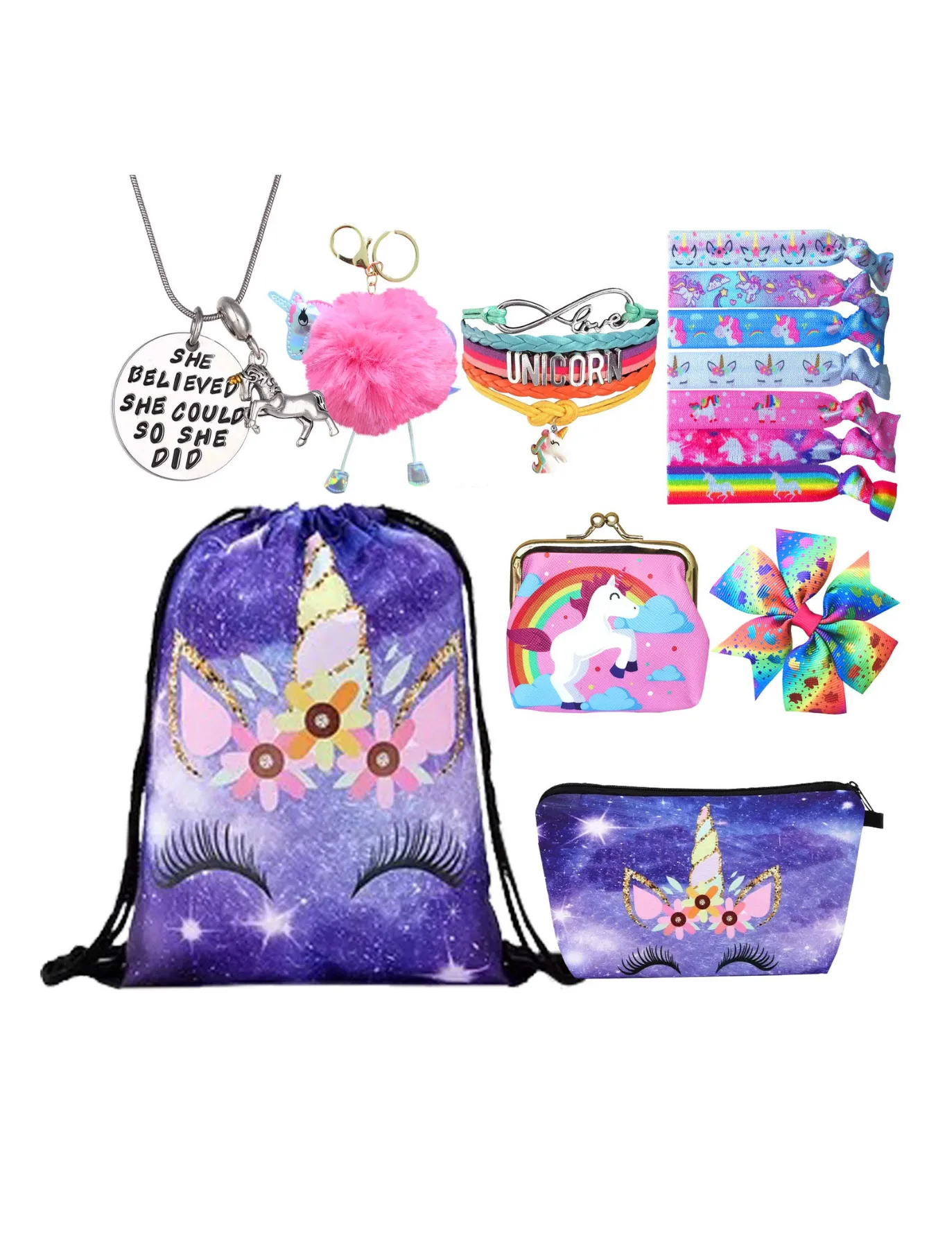 Unicorn Gifts for Girls - Unicorn Drawstring Backpack/Makeup Bag/Bracelet/Necklace/Hair Ties/Keychain/Sticker (Purple Rainbow 3)