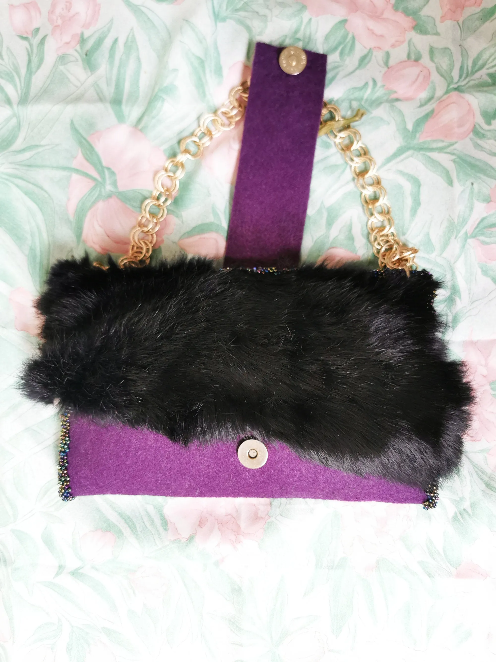 Vintage 90s 00s purple felt & faux fur mini shoulder ba