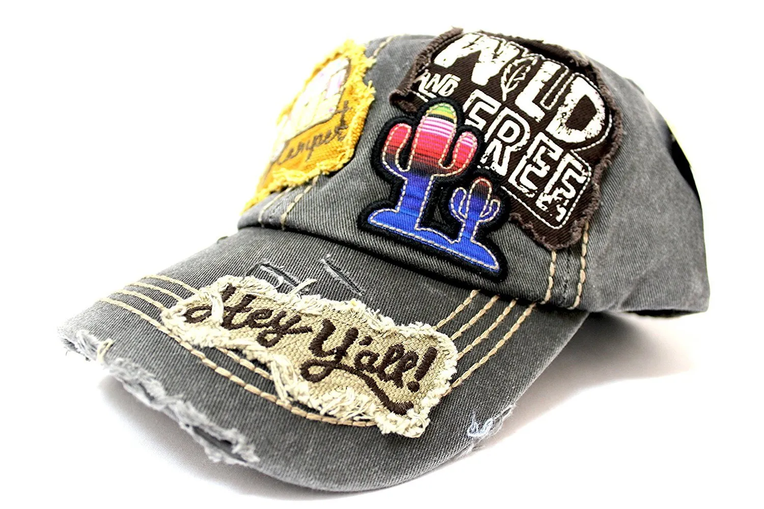 Vintage Black "Y'ALL, HAPPY CAMPER, WILD FREE" Multi-Patch Embroidered Adjustable Cap