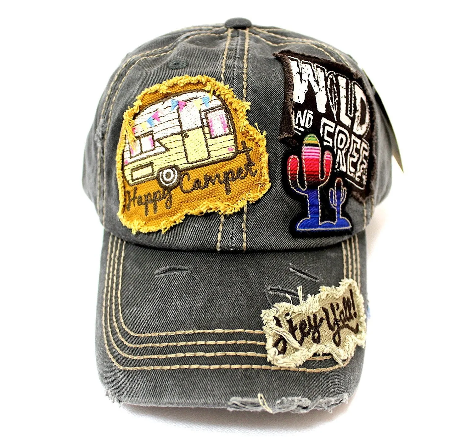 Vintage Black "Y'ALL, HAPPY CAMPER, WILD FREE" Multi-Patch Embroidered Adjustable Cap