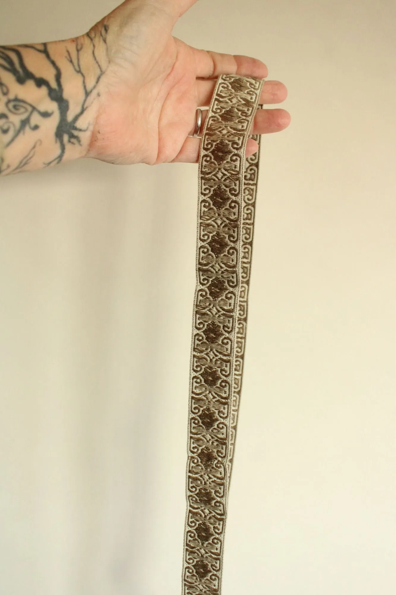 Vintage Jacquard Ribbon Trim, Tan And Ivory, 49" Long PIece, 1.25 Inch Wide