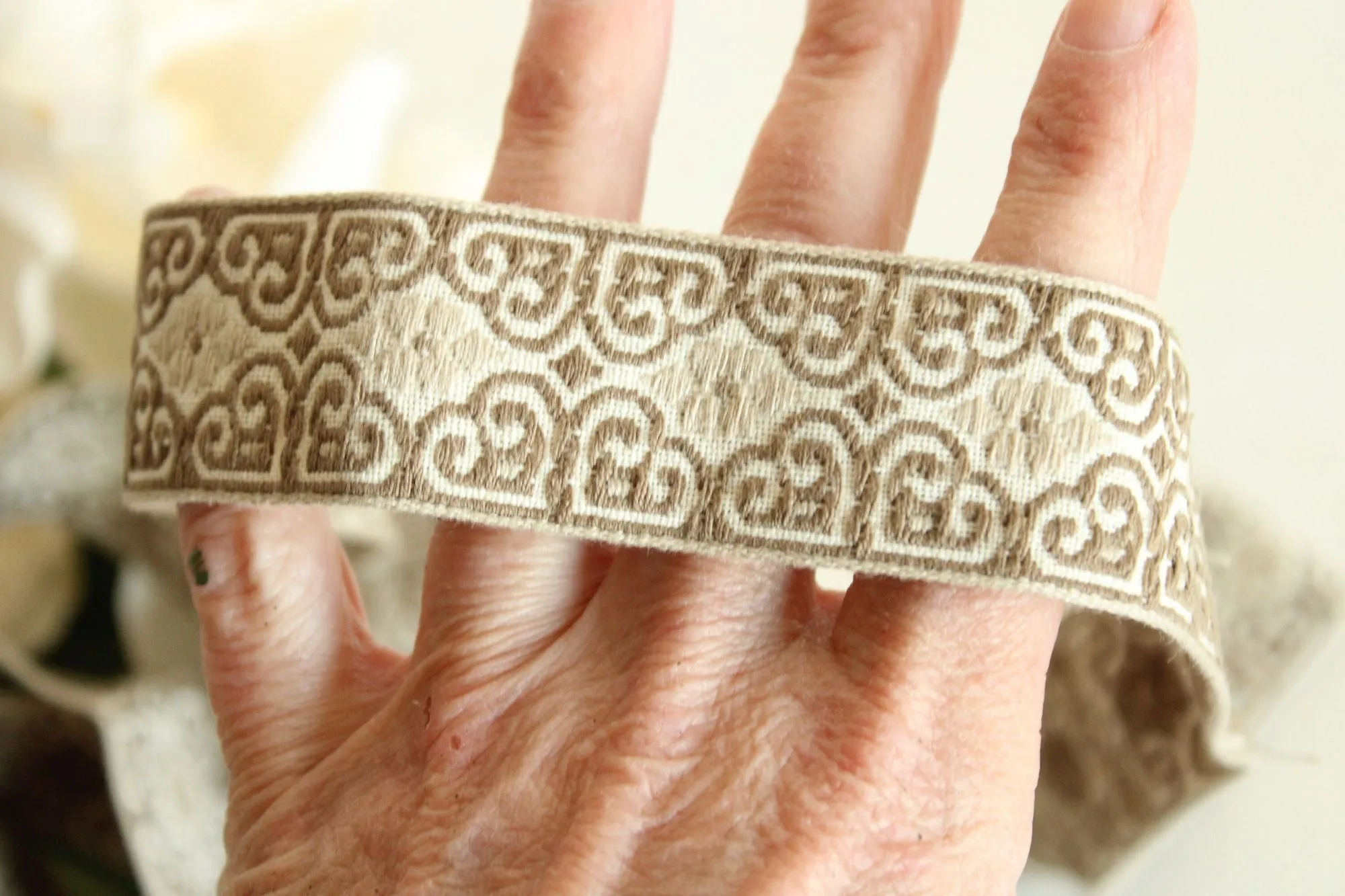 Vintage Jacquard Ribbon Trim, Tan And Ivory, 49" Long PIece, 1.25 Inch Wide