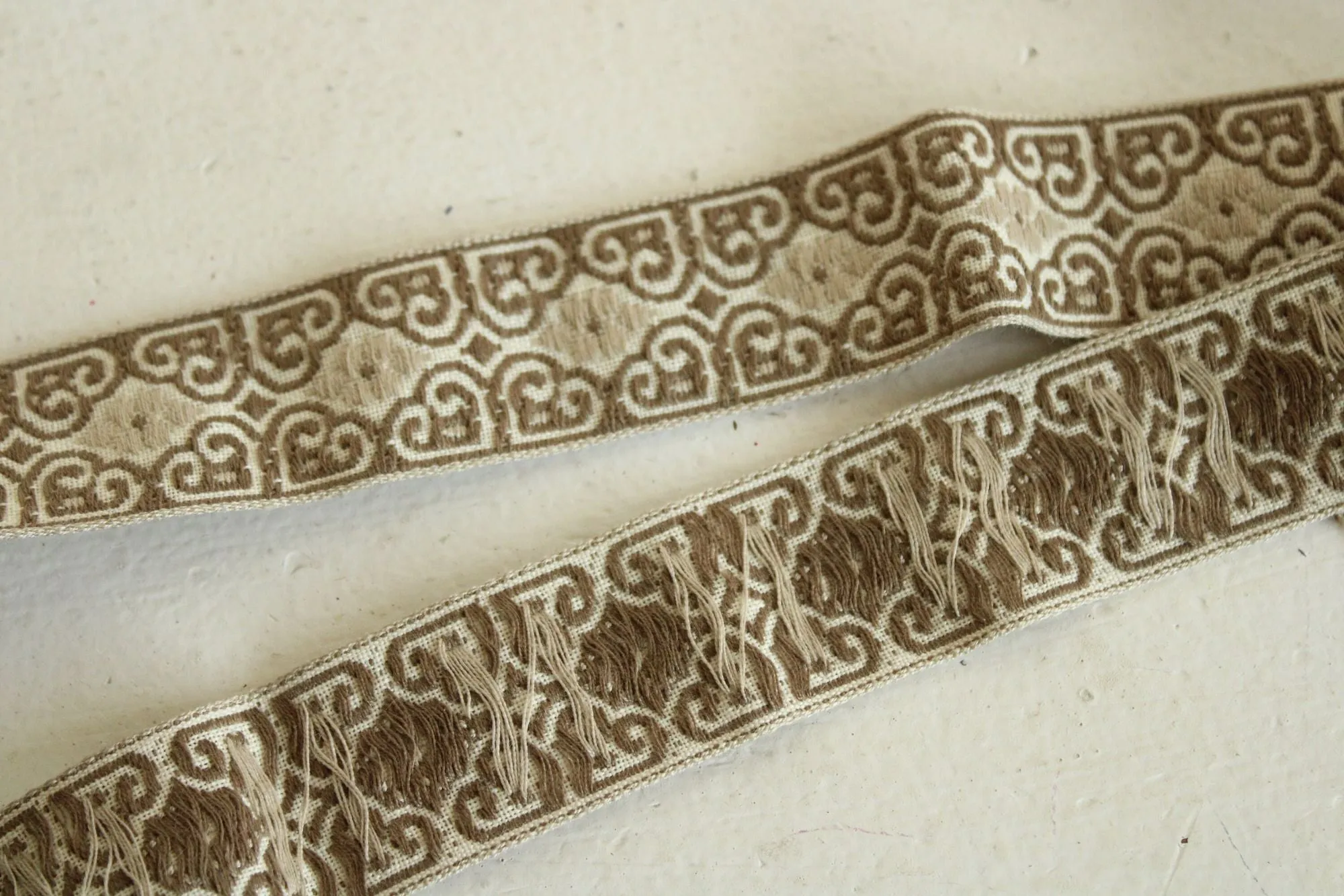 Vintage Jacquard Ribbon Trim, Tan And Ivory, 49" Long PIece, 1.25 Inch Wide