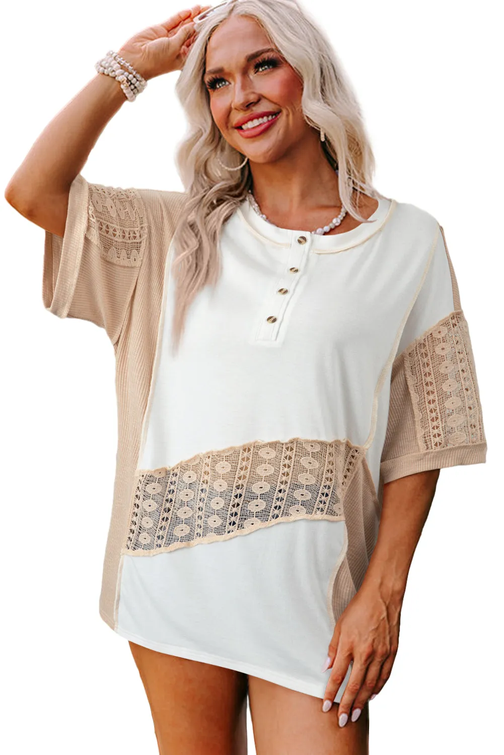 White Lace Splicing Ribbed Patchwork Short Sleeve Henley Top