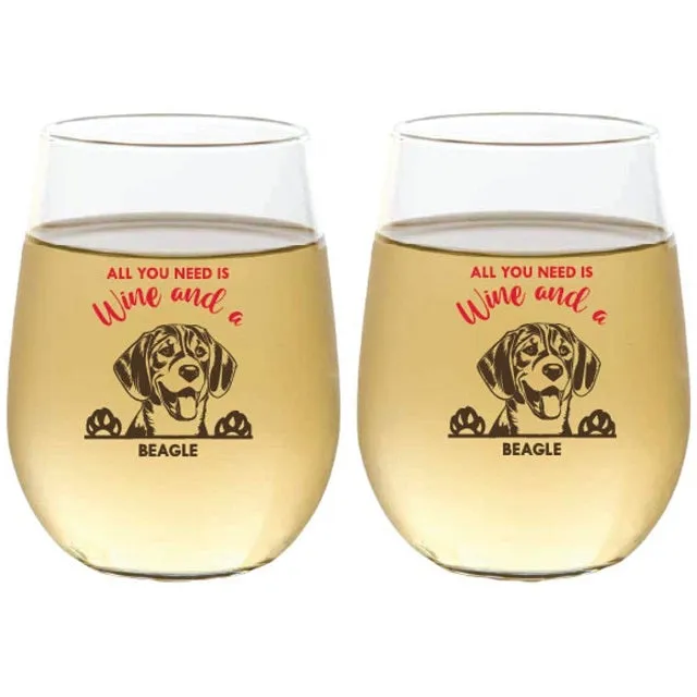 Wine-Oh! 2-Piece Stemless Shatterproof 16 oz. Wine Glasses, Beagle