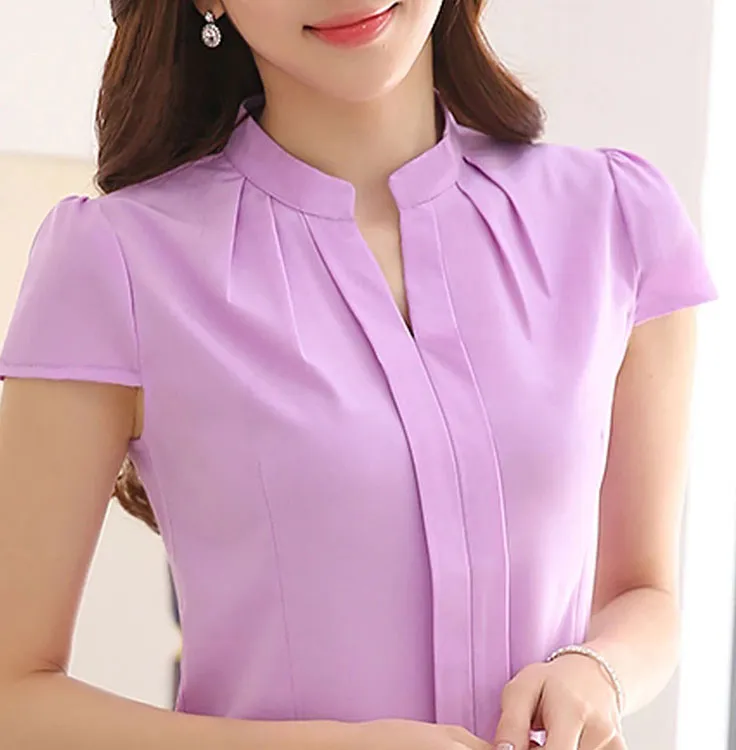 Women Chiffon Shirt Elegant Solid Color Short Sleeve Women Tops Blusas