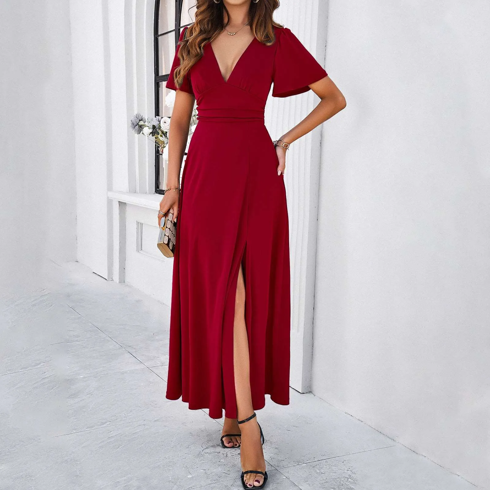 Women's Elegant Solid Color Slim V-neck Dress