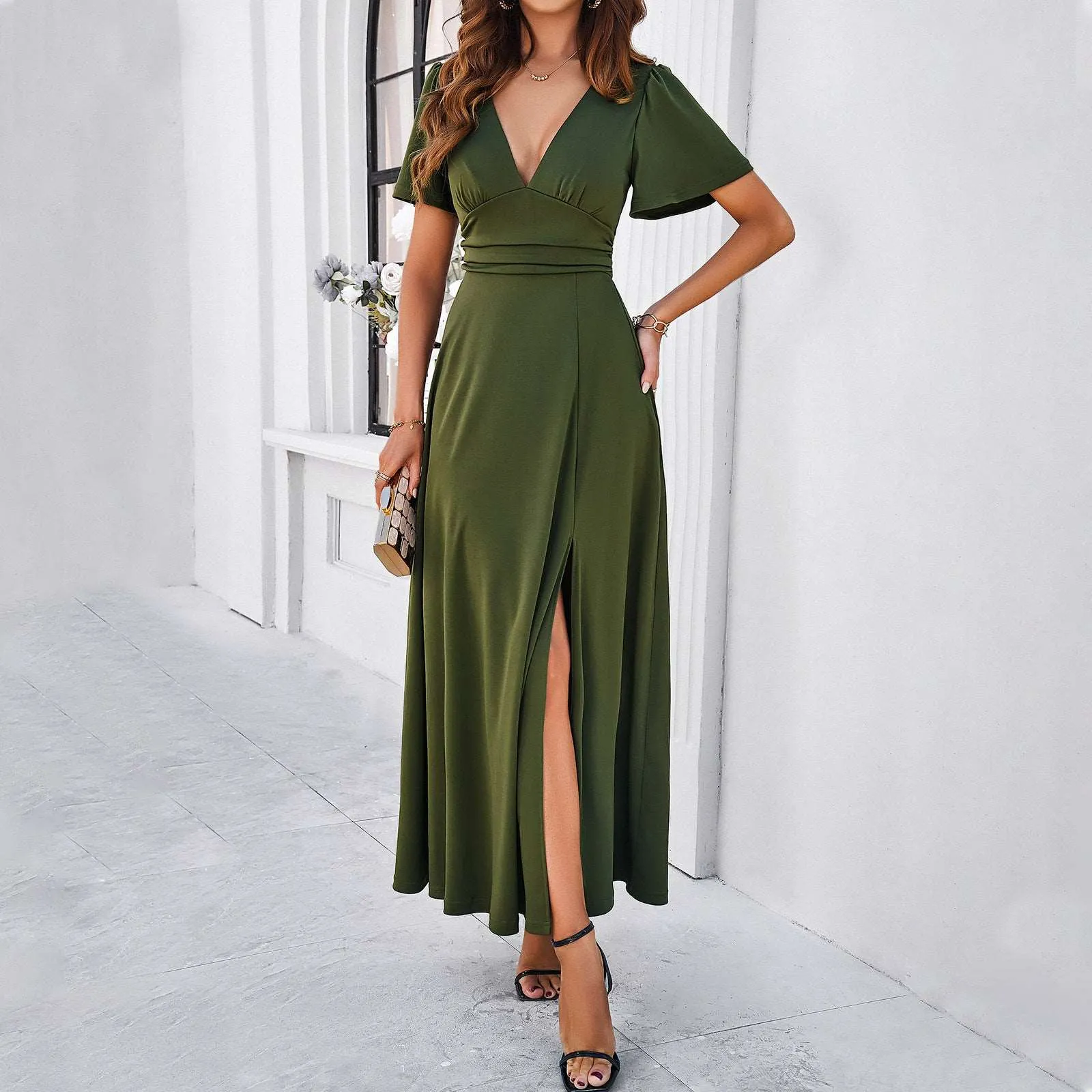 Women's Elegant Solid Color Slim V-neck Dress